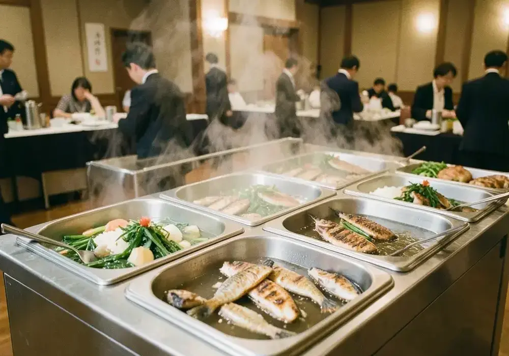 会場で保温されて並ぶ料理