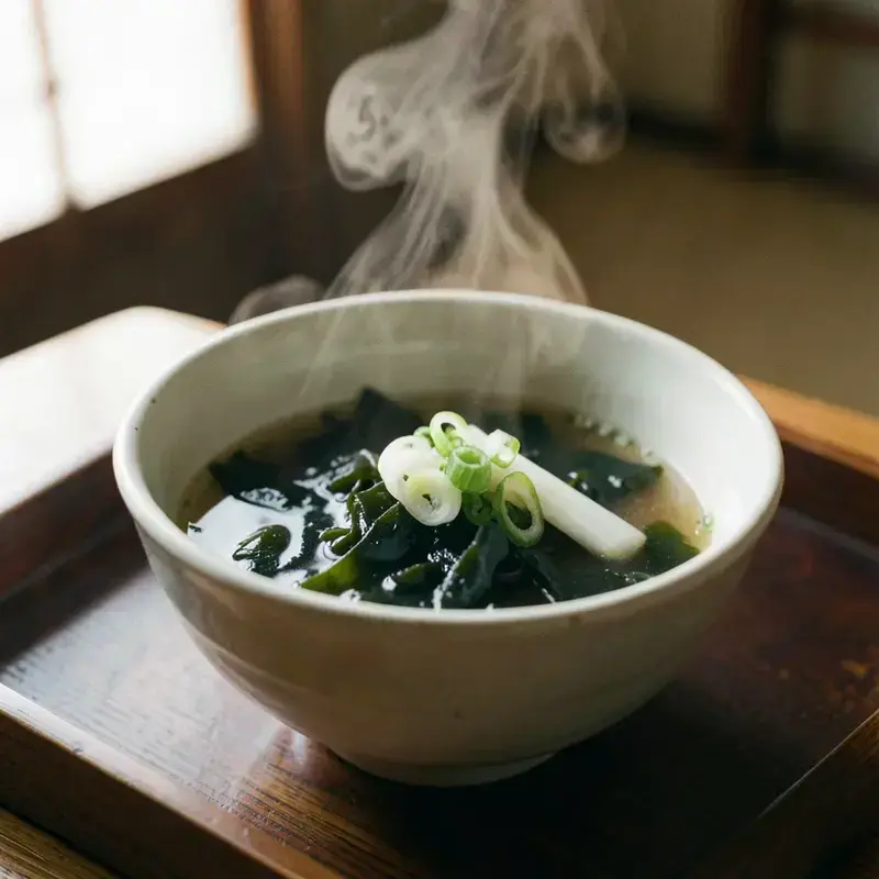 漆の椀に入った赤味噌のスープ