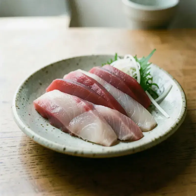 白い魚と薬色を添えた刺身の盛り付け