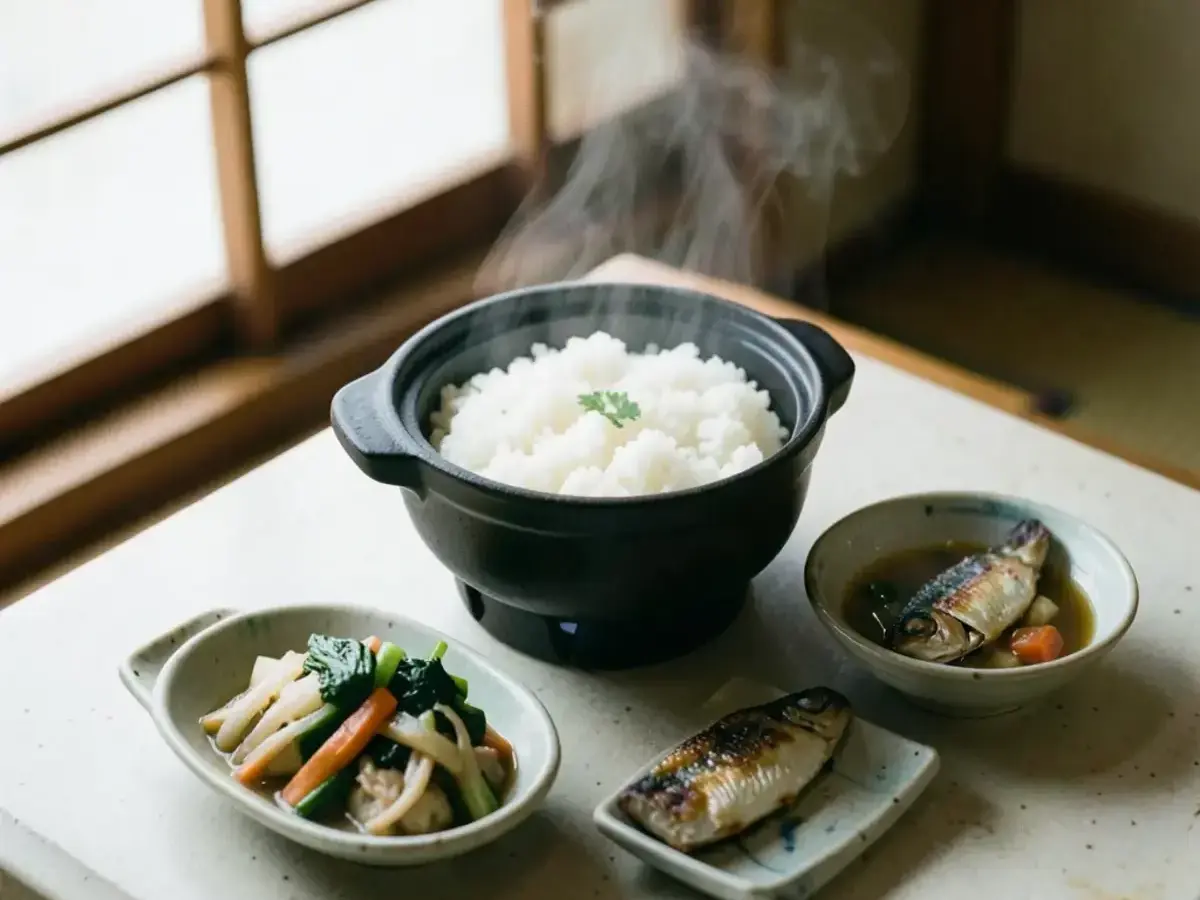 湯気の立つ椀と小鉢が並ぶ、sandhearcoll.com の料理テーブル
