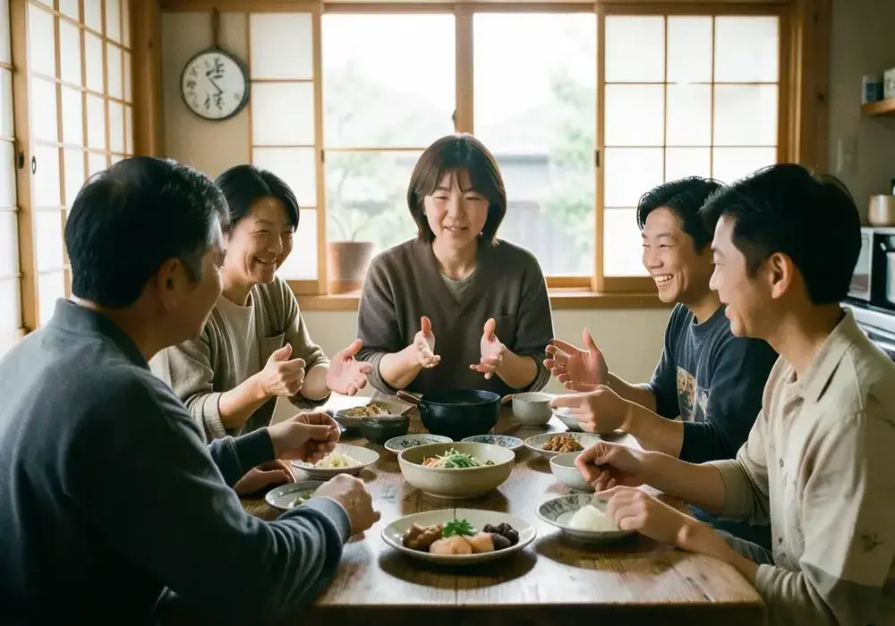 小さなテーブルを囲んで情景を説明している場面