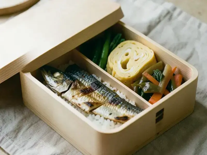木の弁当箱に詰められた日替わりの惣菜