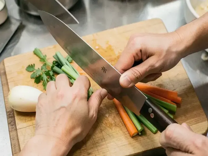 木のまな板の上で包丁を扱う手元と野菜